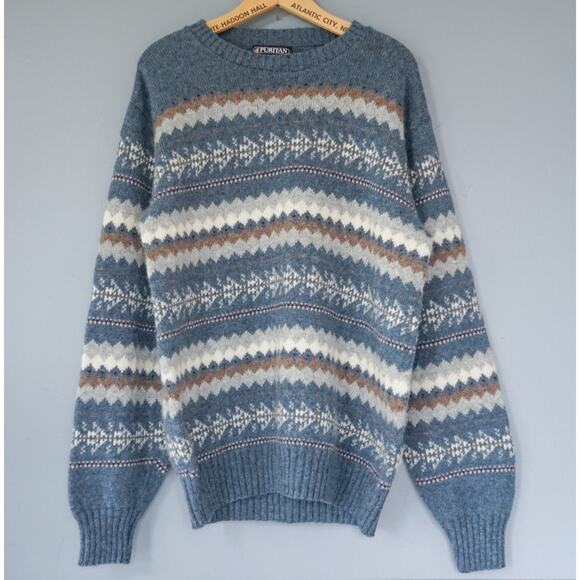 VTG Men Puritan Fair Isle Nordic Wool Blend Knit Sweater L Preppy Cabin Grandpa - Picture 11 of 13